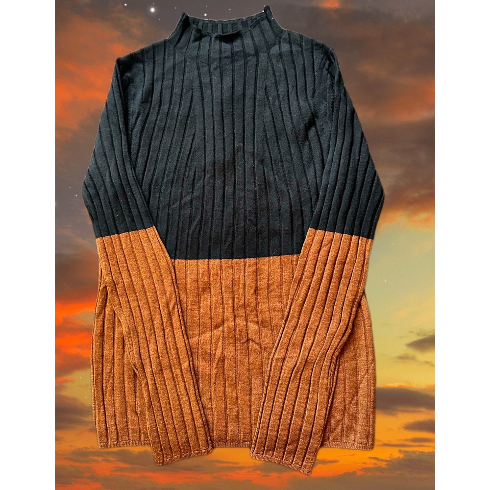 Banana Republic Merino Wool Ribbed‎ Mock Neck Colorblock Sweater Black Brown XS